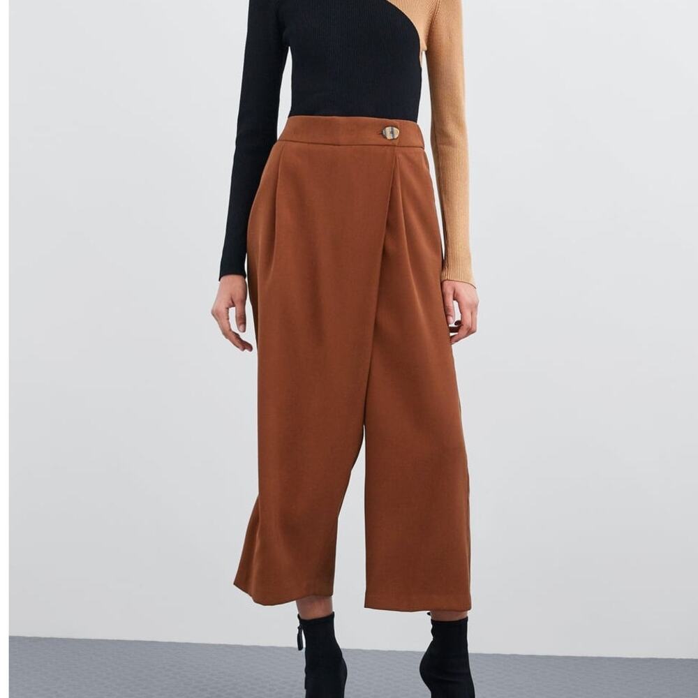 Zara Brown Twill Crossover Pull On High Waist Pleated Wide Leg Cropped Pants